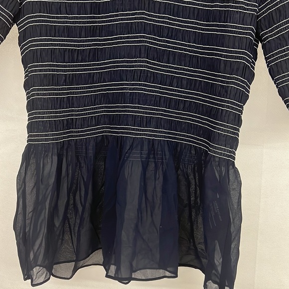 NEW Club Monaco Peplum Smocked Blouse Stretch Stripe Crop Top Navy Blue SZ SMALL - Picture 2 of 3